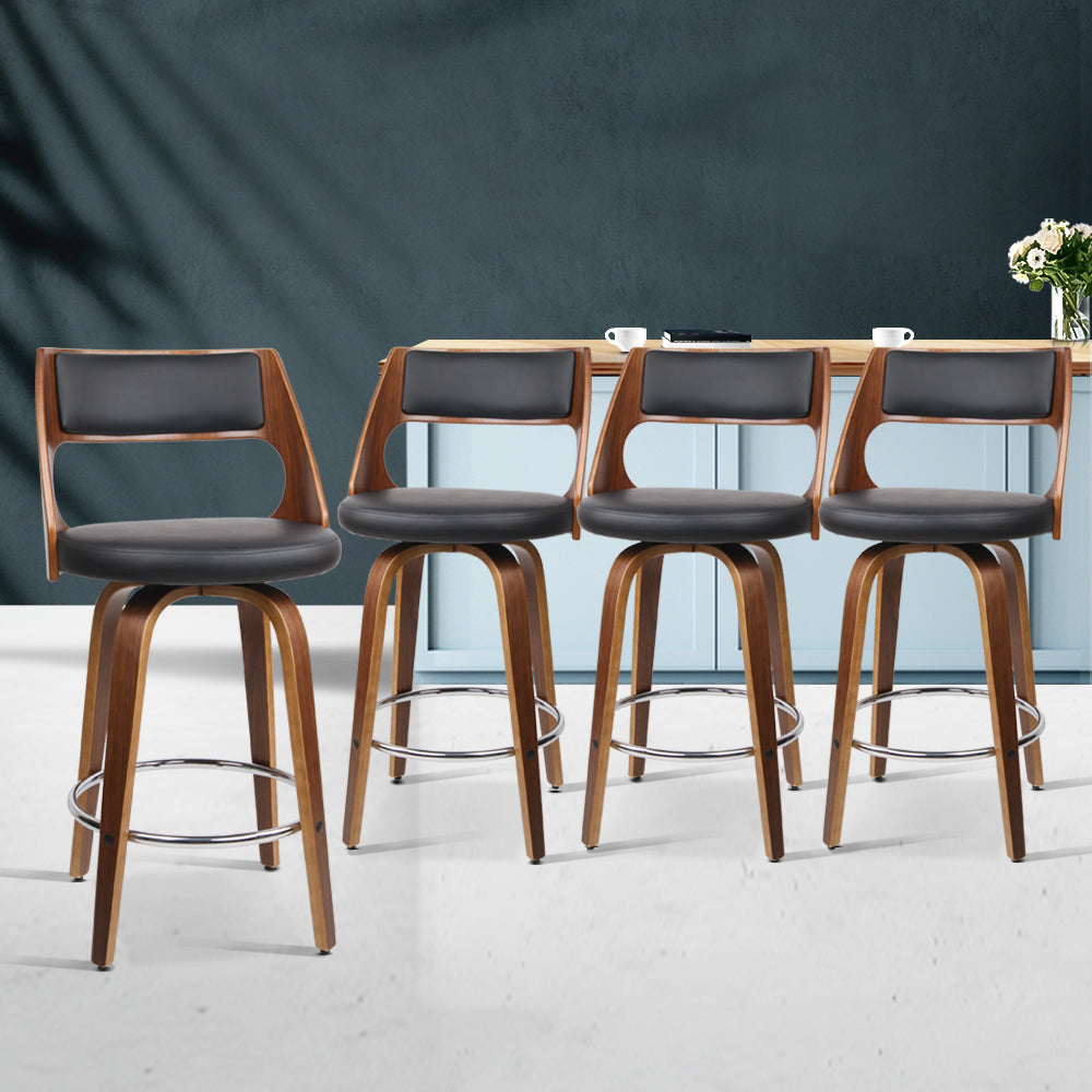 Set of 4 Wooden PU Leather Bar Stools - Black and Wood