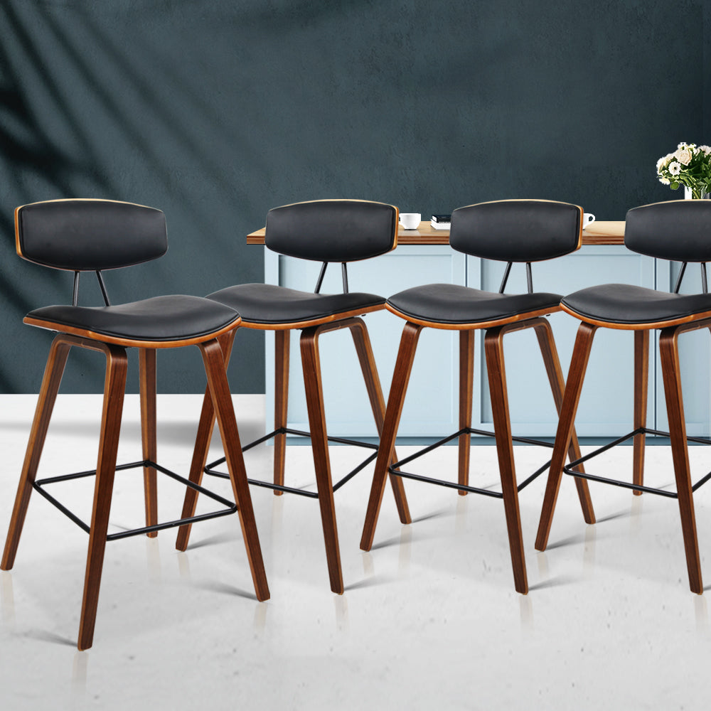 Set of 4 PU Leather Circular Footrest Bar Stools - Black