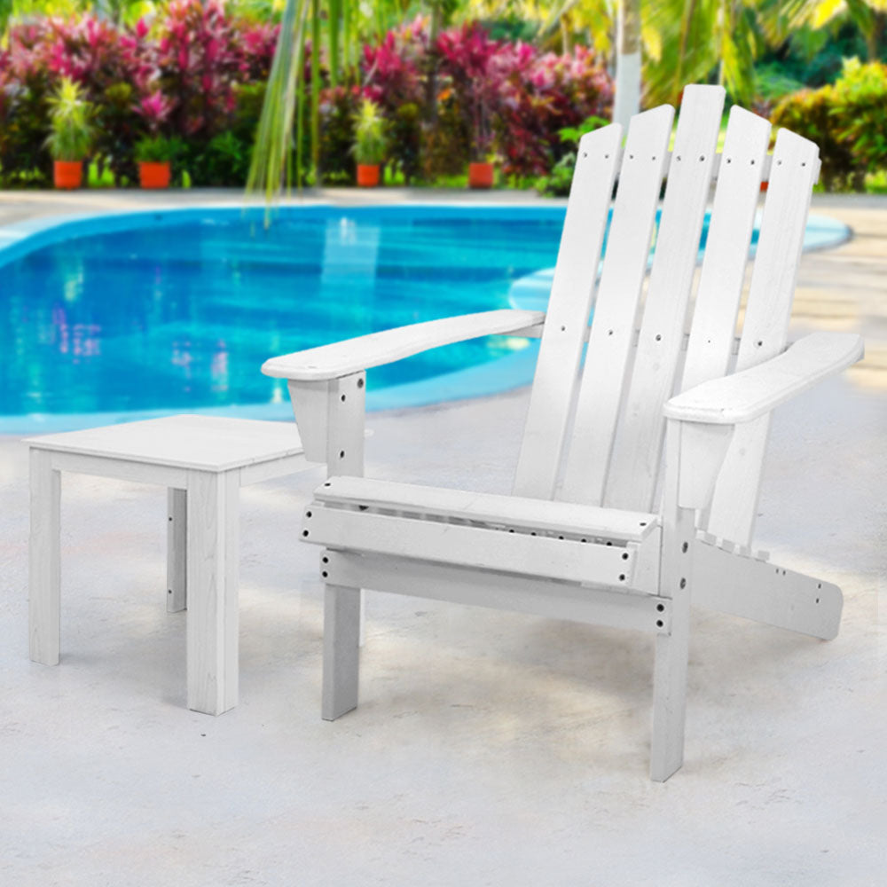 2PC Outdoor Wooden Adirondack Lounge Chairs Table Set - White