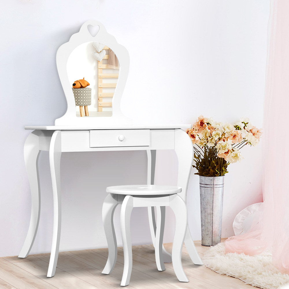 Children Vanity Dressing Table Stool Set with Mirror Drawer -  White