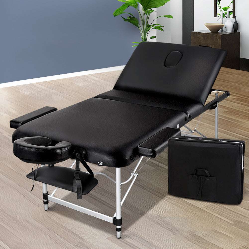 Zenses Portable 70cm wide 3 Fold Portable Aluminium Massage Table - Black