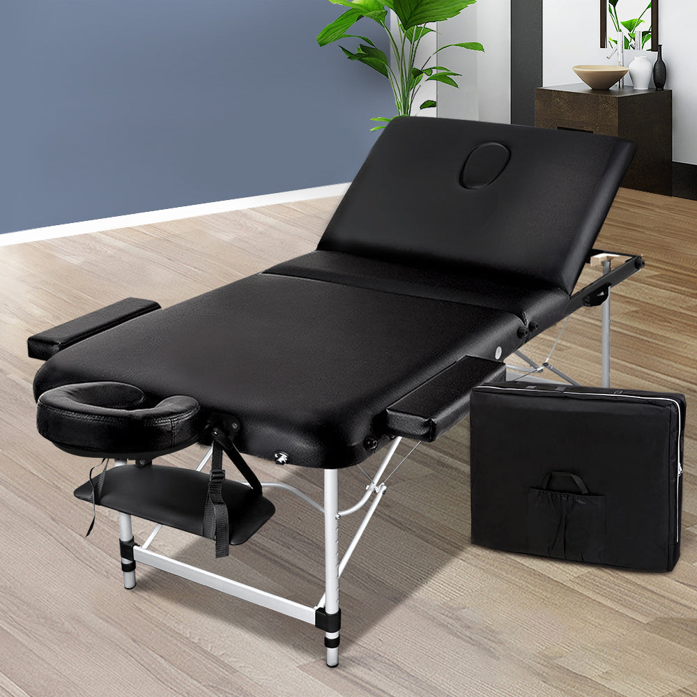 Zenses Portable 75cm wide 3 Fold Portable Aluminium Massage Table - Black