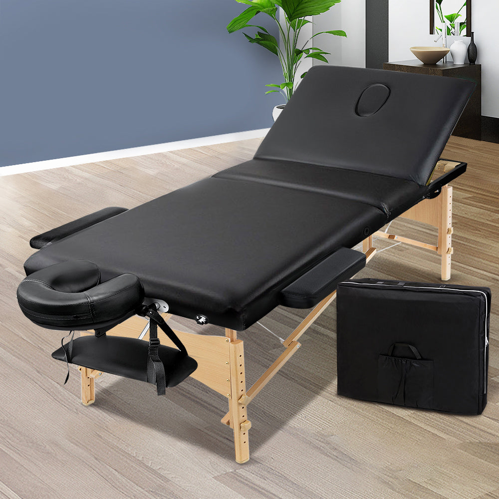 Zenses 75cm Wide Portable Wooden 3 Fold Massage Table - Black