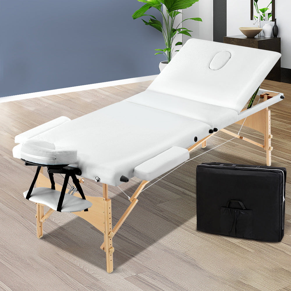 Zenses 3 Fold Portable 70 cm Wide Wood Massage Table - White