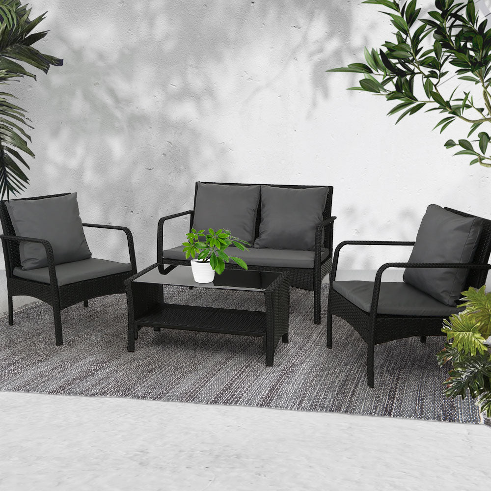 4 pcs Outdoor Rattan Patio Lounge Set - Black