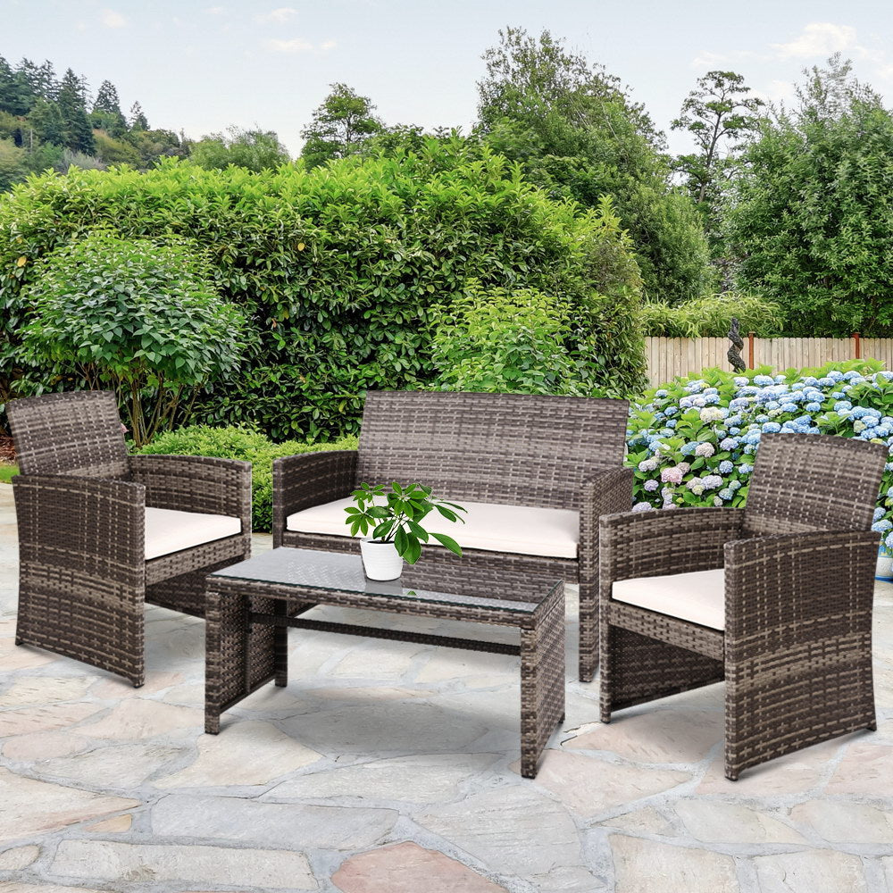 Gardeon Rattan Furniture Outdoor Lounge Setting Wicker Dining Set w/Storage Cover Mixed Grey