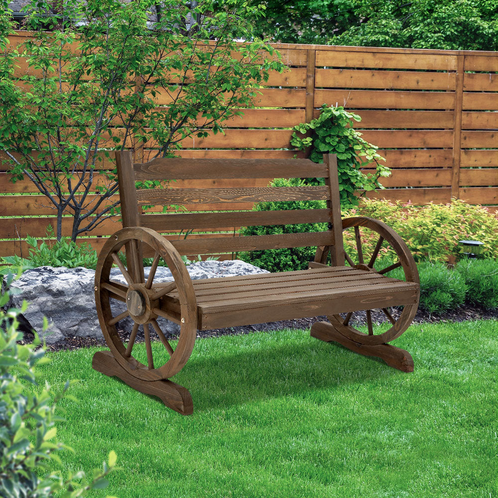 Wooden 2 seater Wagon Wheels Garden Bench - Brown