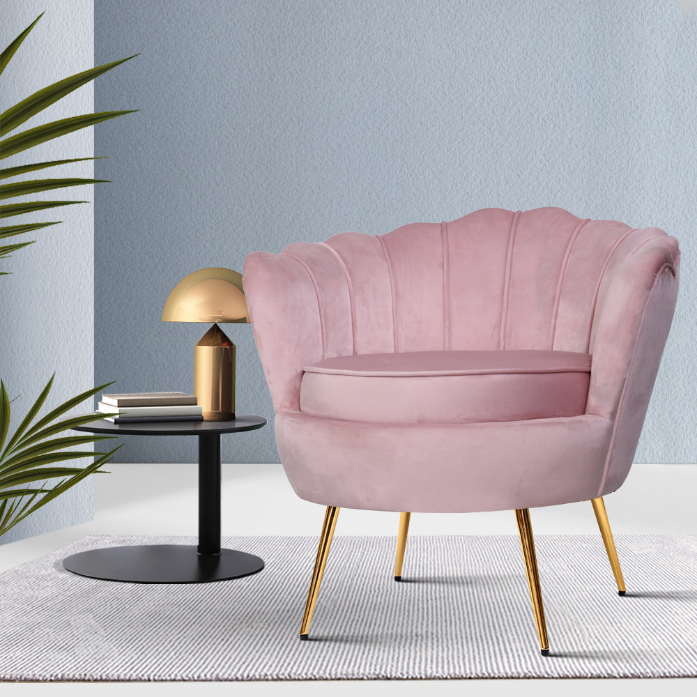 Shell Back Design Accent Retro Single Sofa Velvet Pink Armchair