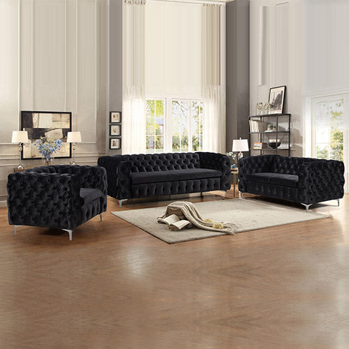 Classic Button Tufted Lounge in Black Velvet with Metal Legs 3+2+1 Seater Sofa