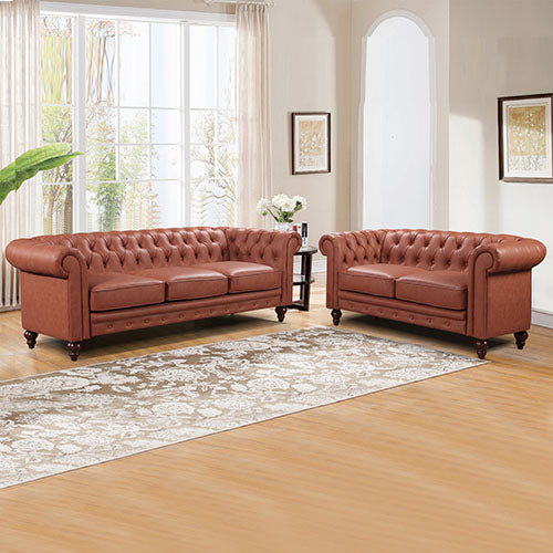 Luxurious Chesterfireld Style Button Tufted in Faux Leather 3+2 Seater Brown Sofa Lounge