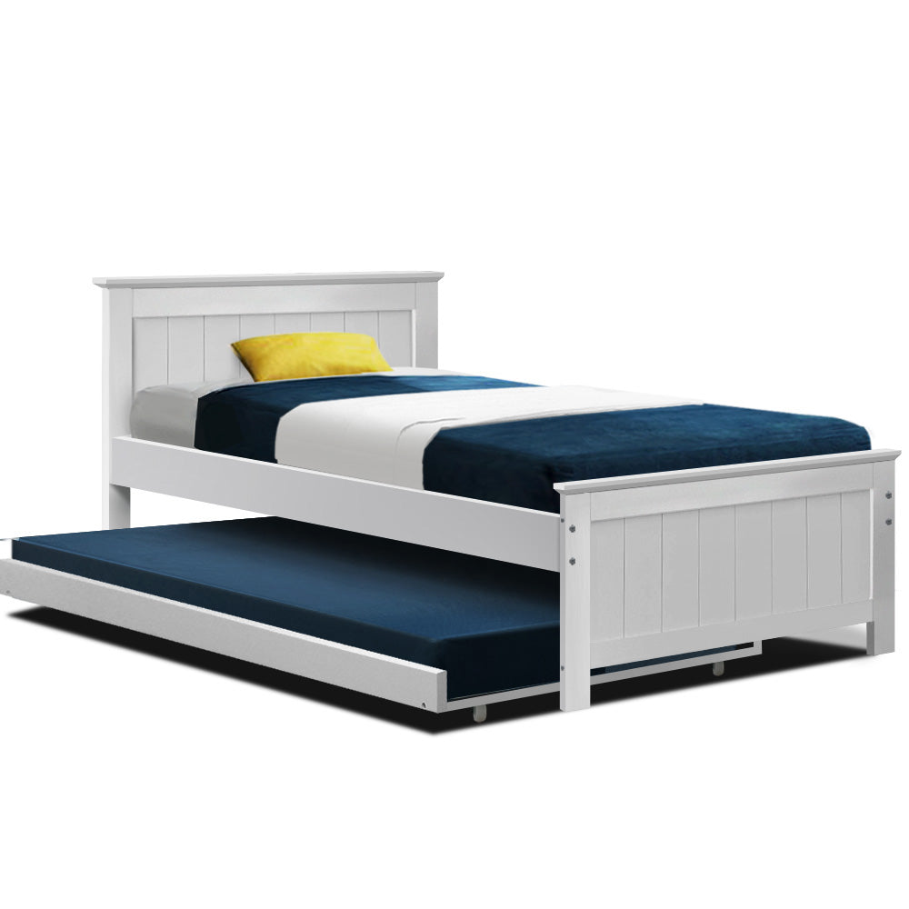 Timber Slat King Single Size White Wooden Trundle Bed Frame