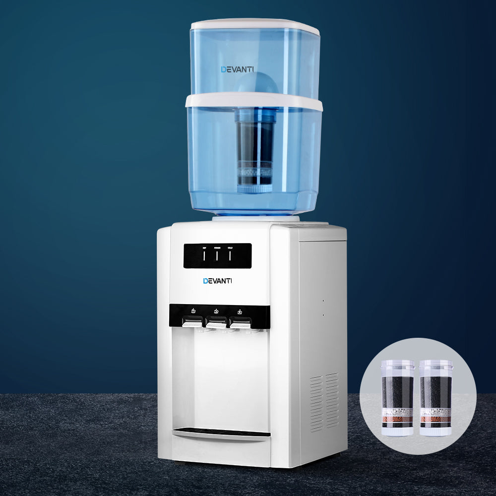 22L Bench Top Water Cooler Dispenser Purifier Hot Cold Three Tap with 2 Replacement Filters